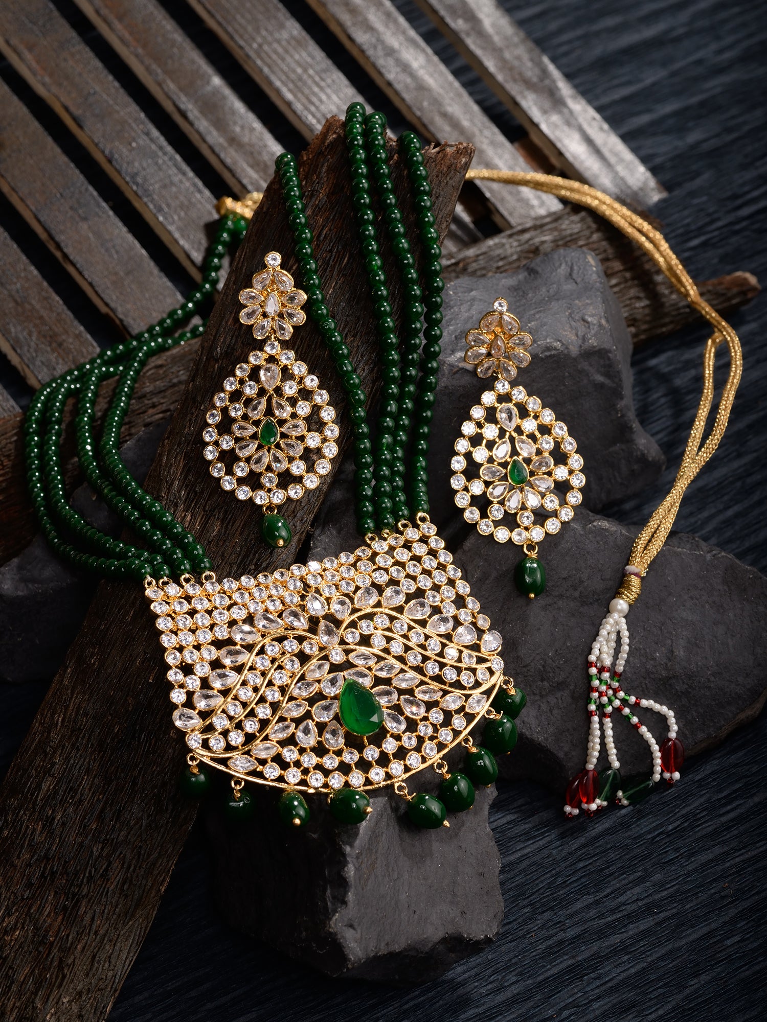 Gold Plated White Polki Green Beads Long Traditional Jewellery Set Dropdown Earrings